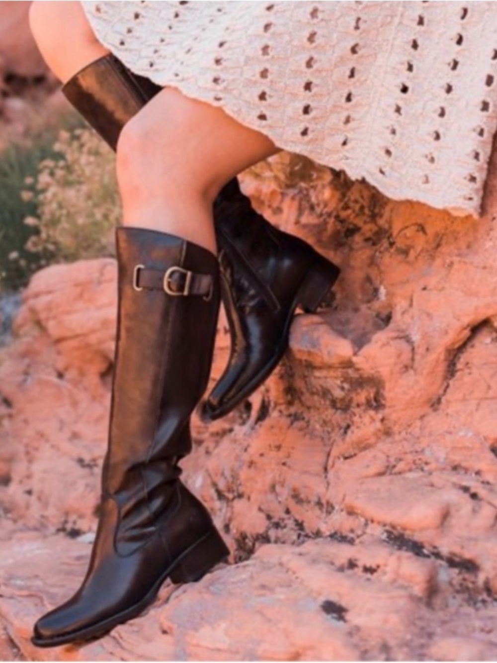 NEW Born Cort Black Crackled Leather Tall Buckle Modern Riding Boots - Size 6